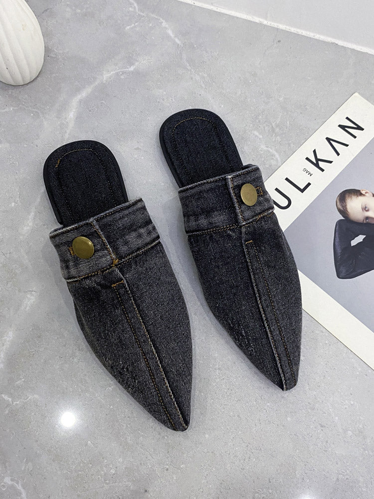 Button Decor Pointed Toe Denim Flat Slides