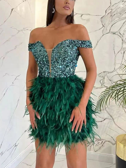 Women's Feather Sequin Off Shoulder Dress