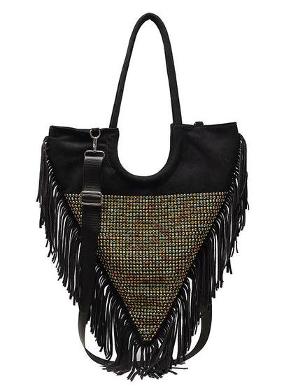 Women's Rhinestone Decor Fringe Trim Shoulder Bag