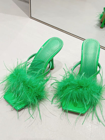 Feather Fur High Heel Mules