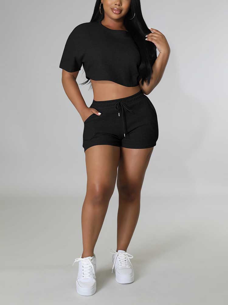 Crop Top Drawstring Shorts Set