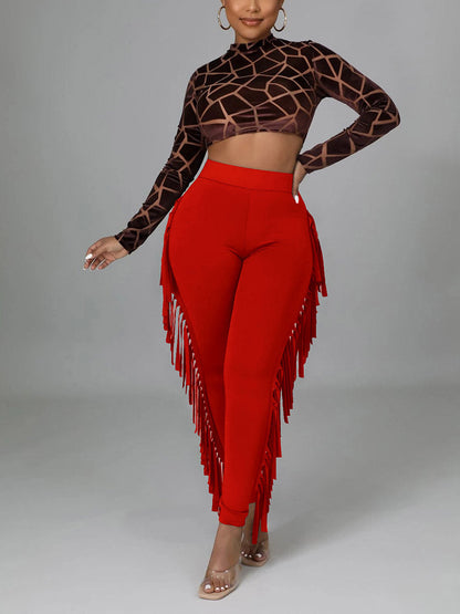 Elastic Waistband Fringe Pants