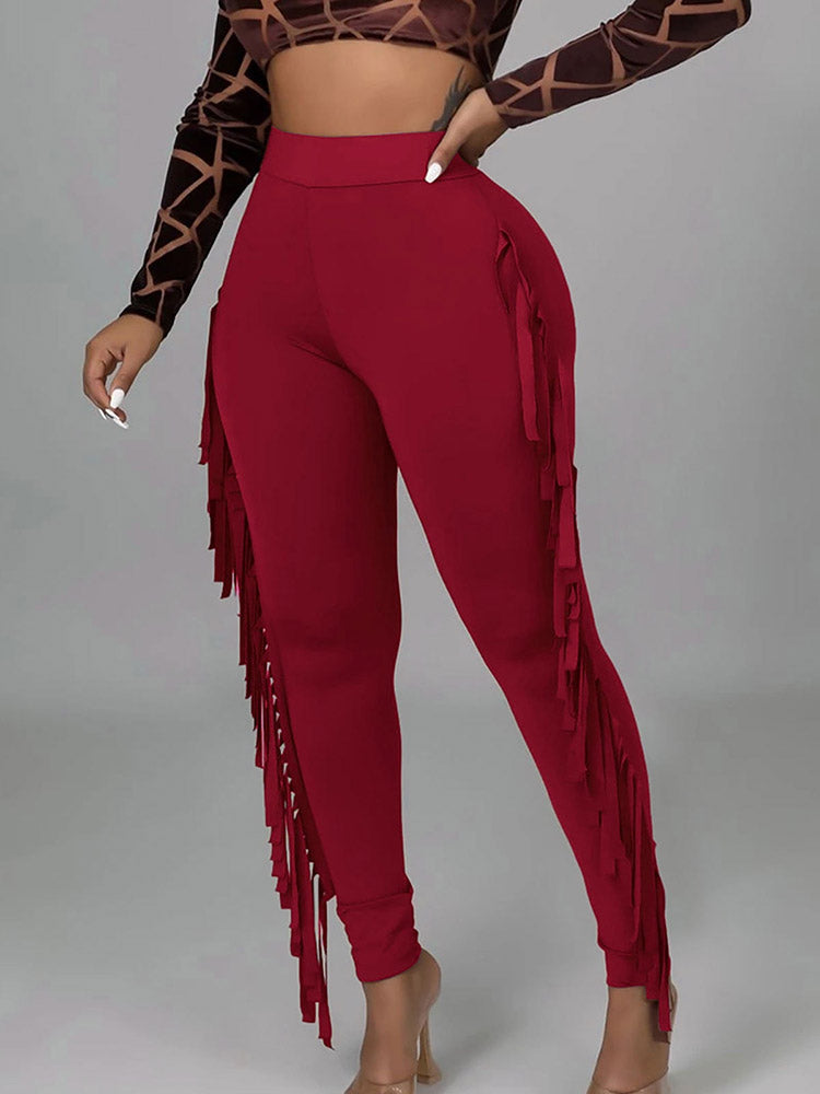 Elastic Waistband Fringe Pants