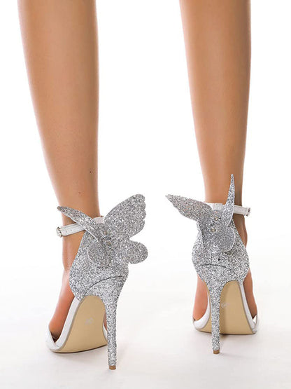 Women's Butterfly Sequin Ankle Buckle Heels