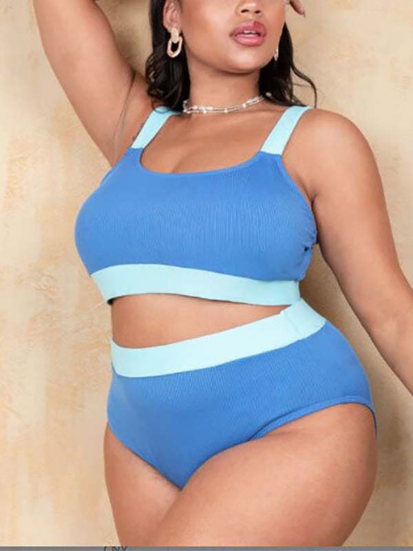 Solid Patchwork High Waist Swimsuit Set