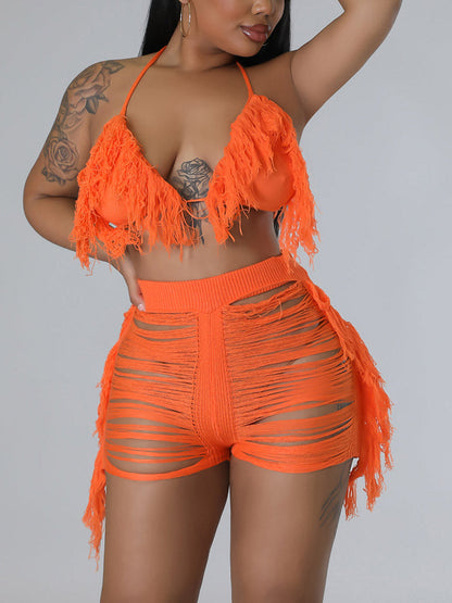 Knitted Fringe Bikini Shorts Set