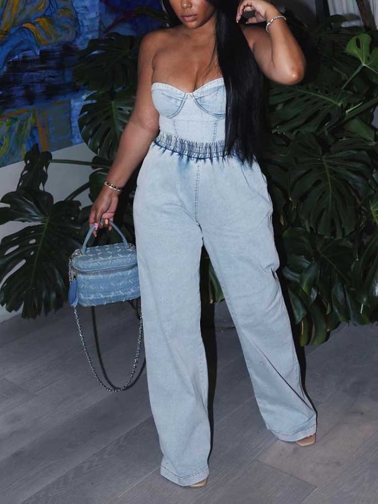 Denim Tube Top Wide Leg Pants Set