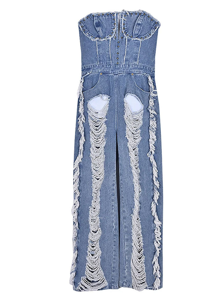 Ripped Strapless Denim Jumpsuit