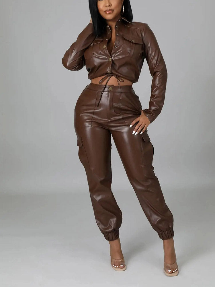 Leather Crop Jacket And Pants Set