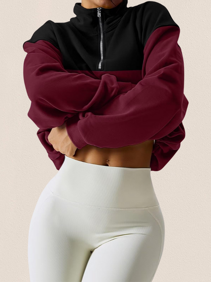 Half Zip Colorblock Crop Sweatshirt