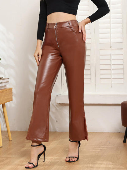 Leather Zipper Split Hem Pants