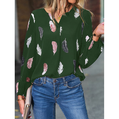 New V-neck Feather Print Long Sleeve Loose T-shirt