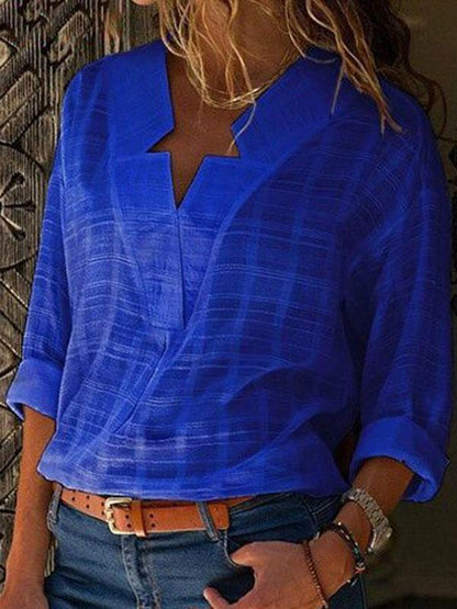 V-neck long sleeve solid color shirt