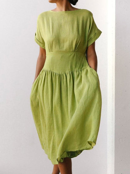 Women's  Linen Grass Green Midi Dress