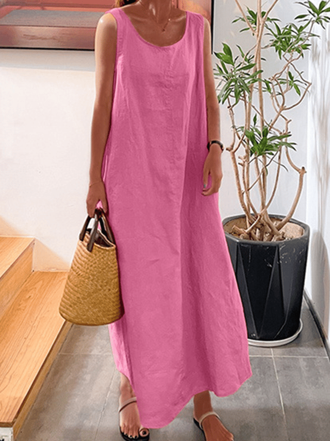 Women's Sling Cotton Linen Simple Pocket Round Neck Sleeveless Dress