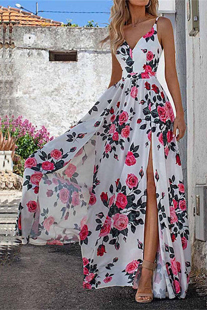 V-Neck Print Sling Vacation Slit Swing Maxi Dress