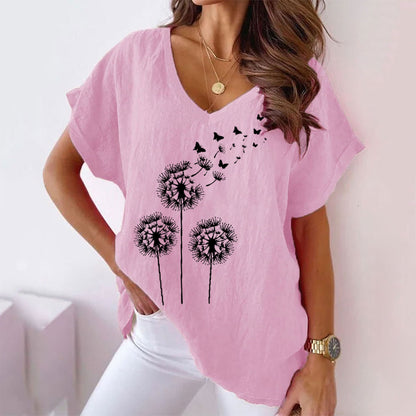 Women's Summer Dandelion Printed V-neck Casual Bat T-shirt