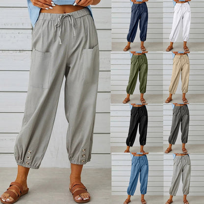 Women's Solid Color Casual With Pocket Buttons Cotton Linen Trousers