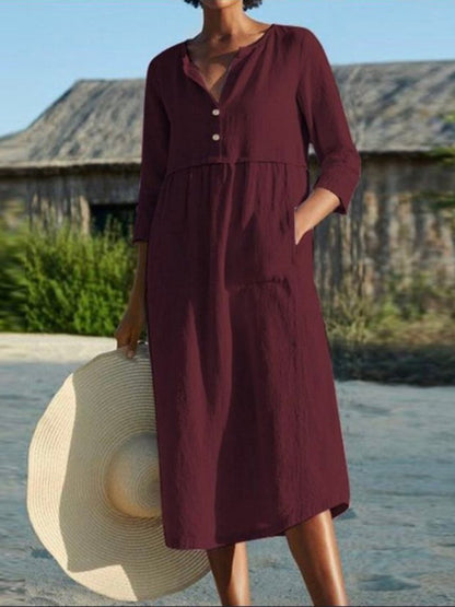 Cotton and Linen Mid-sleeve Dress