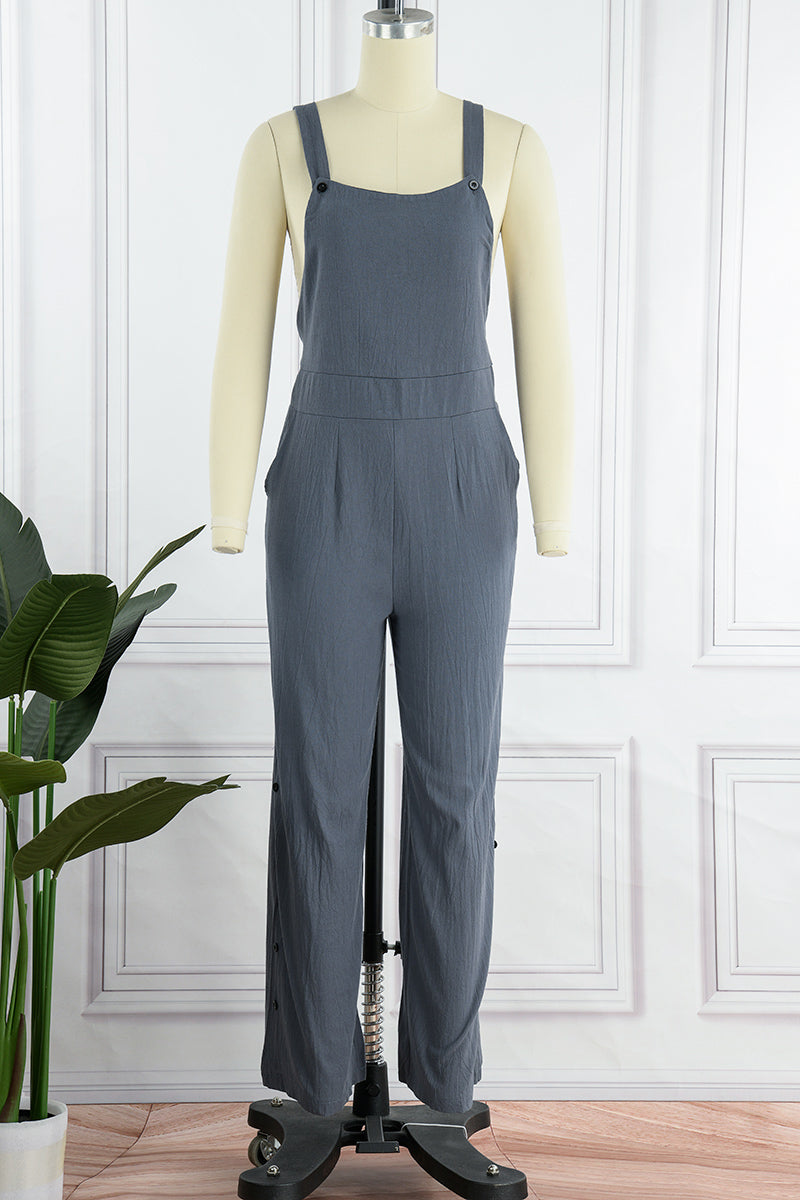 Casual Solid Buckle Square Collar Regular Jumpsuits