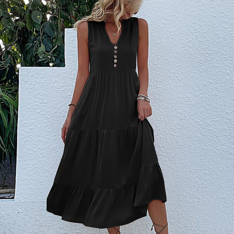 Women's Sleeveless Draped Dress Loose V-neck Mid-Length Dress