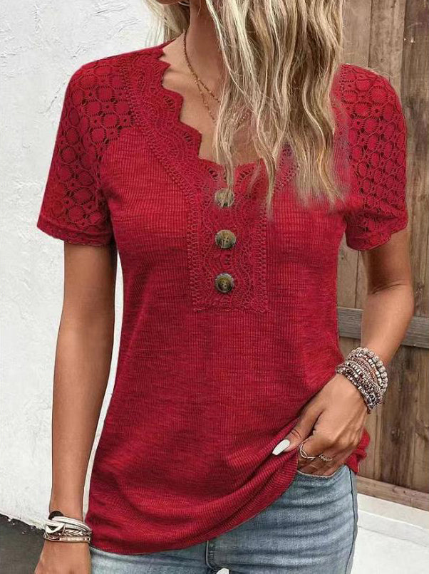 Women's Lace Trim V Neck Loose Button Top