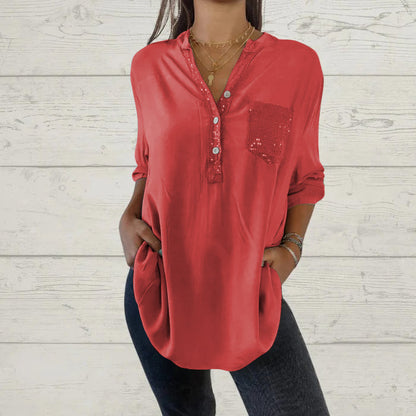 Women's Sequin Patchwork V-neck Shirt