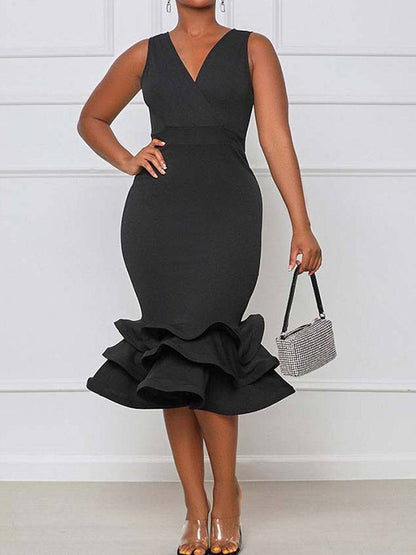 Women's Ruffled Trim Bodycon Midi Dress