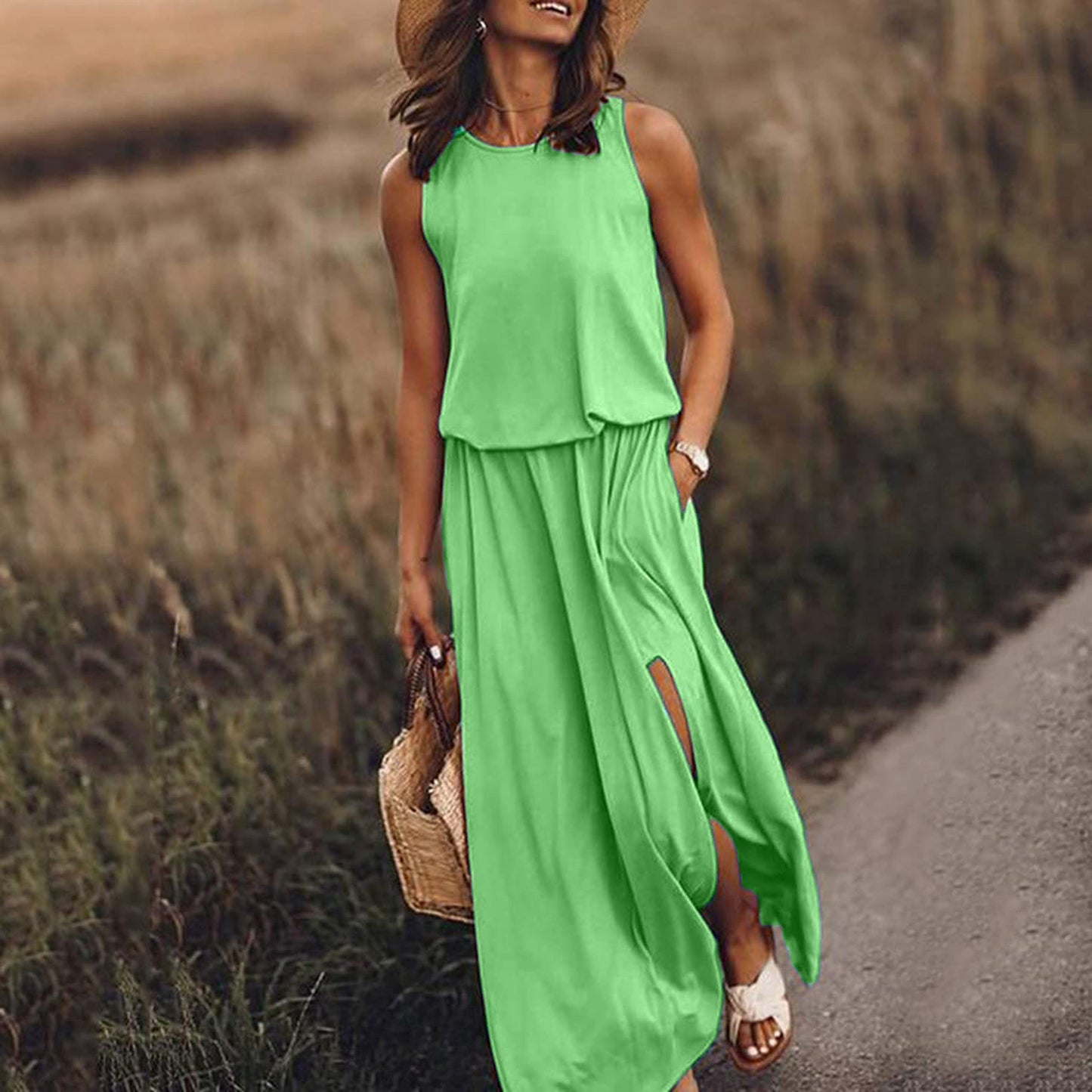 Summer New round Neck Sleeveless Split Dress