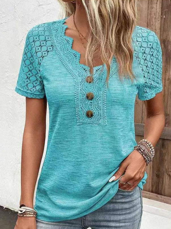 Women's Lace Trim V Neck Loose Button Top