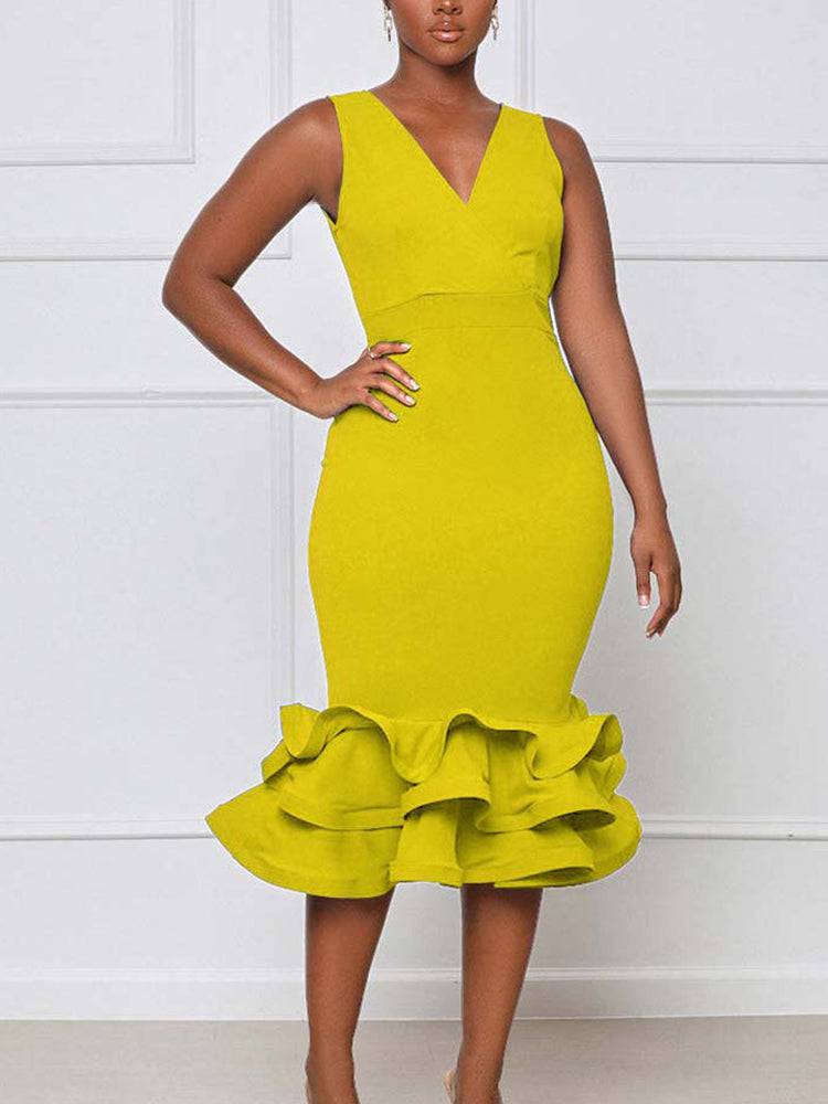 Women's Ruffled Trim Bodycon Midi Dress