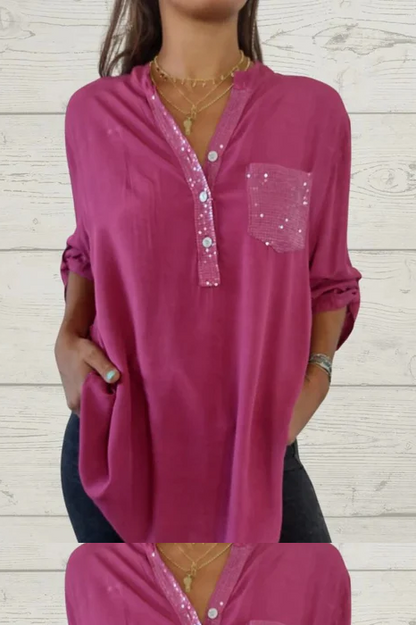 Women's Sequin Patchwork V-neck Shirt