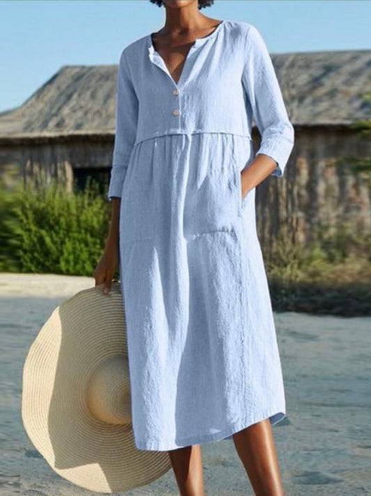 Cotton and Linen Mid-sleeve Dress