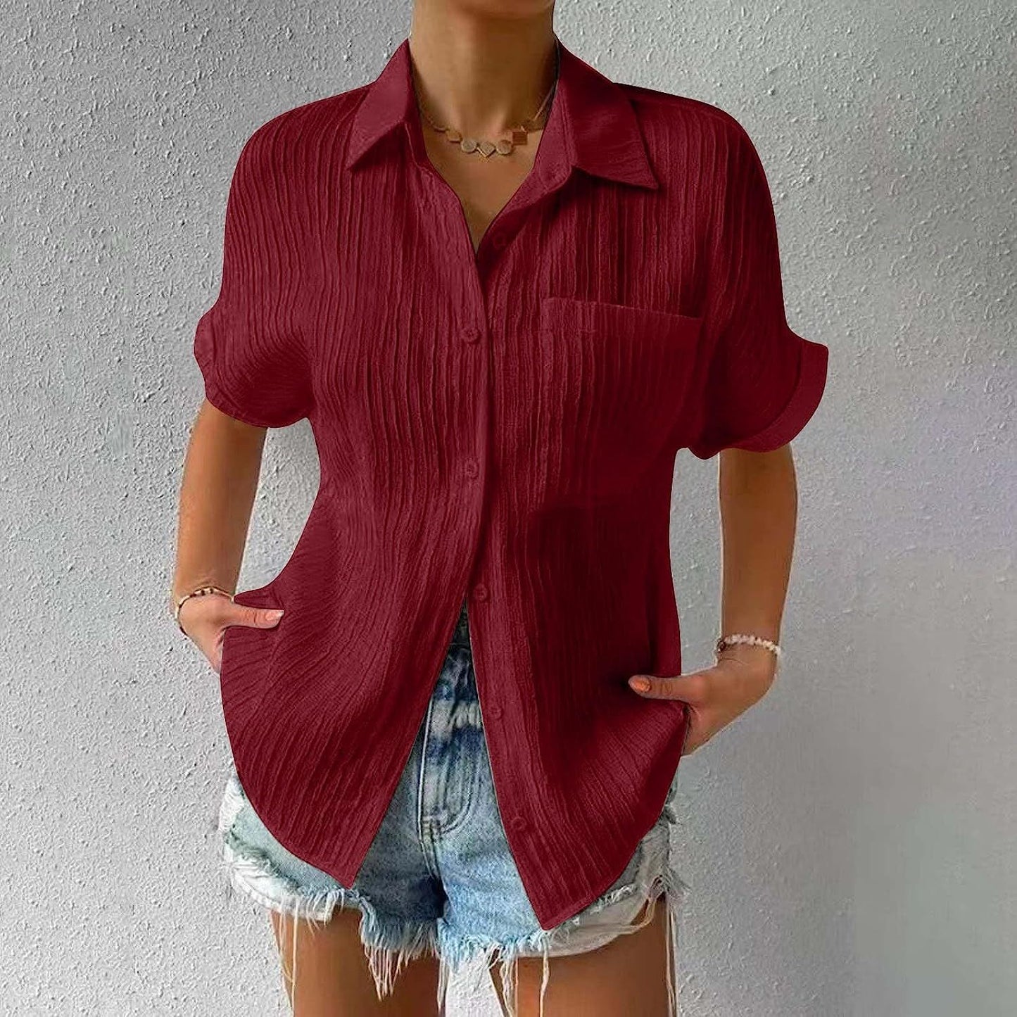 Shirt Collar Casual Buttoned Loose Blouse