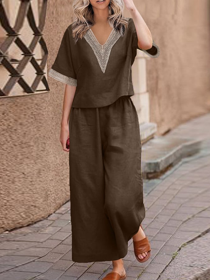 Casual Lace Stitched Loose Shirt Wide Leg Pants Set