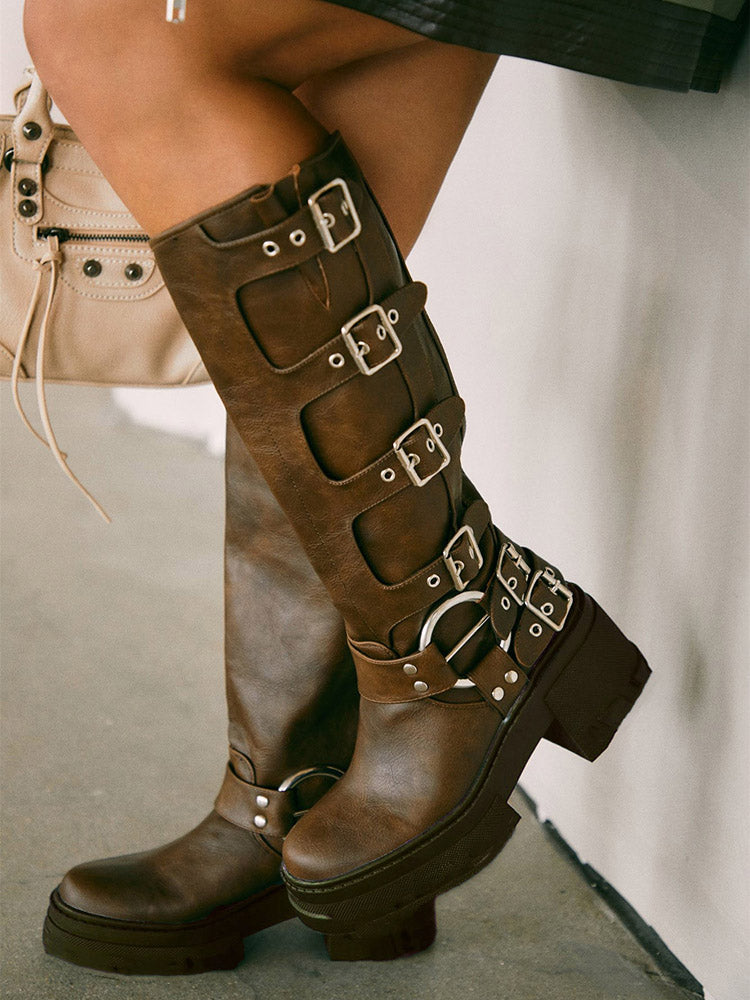 Buckle Leather Chunky Heel Boots