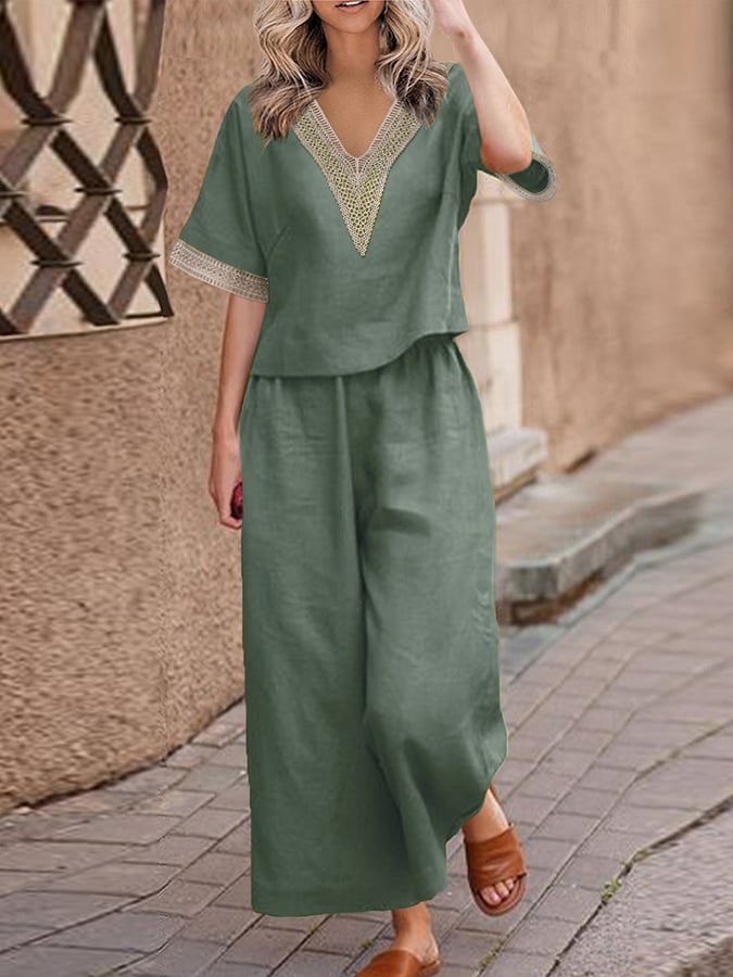 Casual Lace Stitched Loose Shirt Wide Leg Pants Set