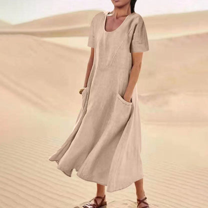 Solid Color Cotton Linen Loose Casual Pocket Dress