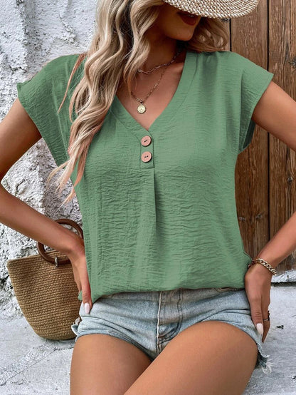 Top Solid Color Button Fashion Short Sleeve Women