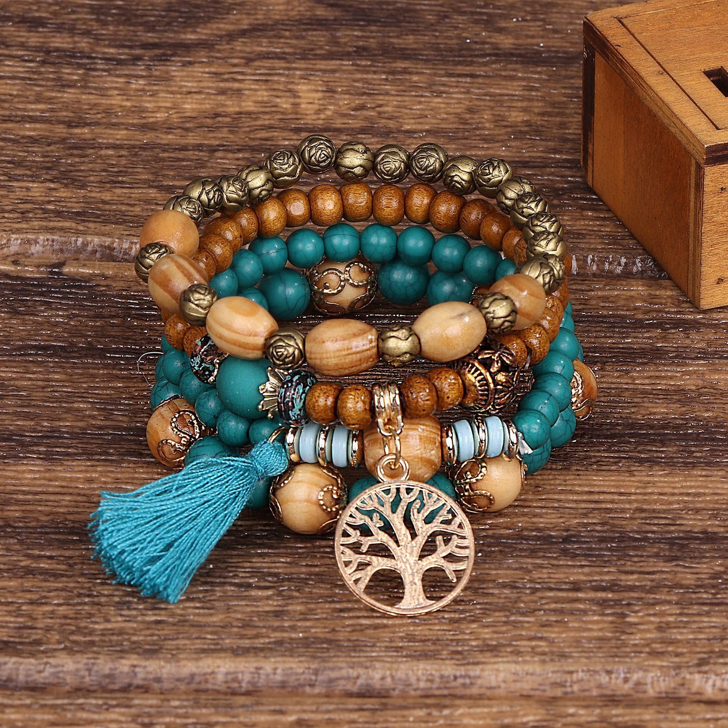 Multi-Layer Wooden Bead Beaded Bracelet Elastic Bracelet