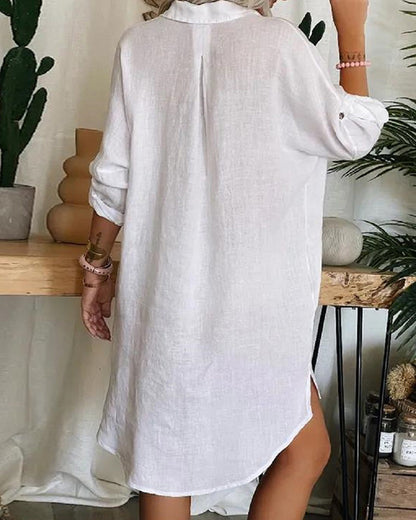 Women's Cotton Linen Solid Long-sleeved Casual Shirt Dress