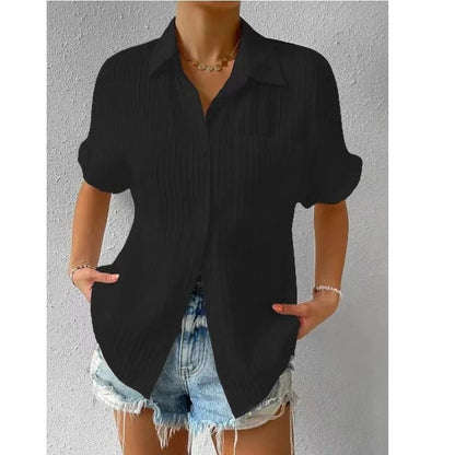 Shirt Collar Casual Buttoned Loose Blouse