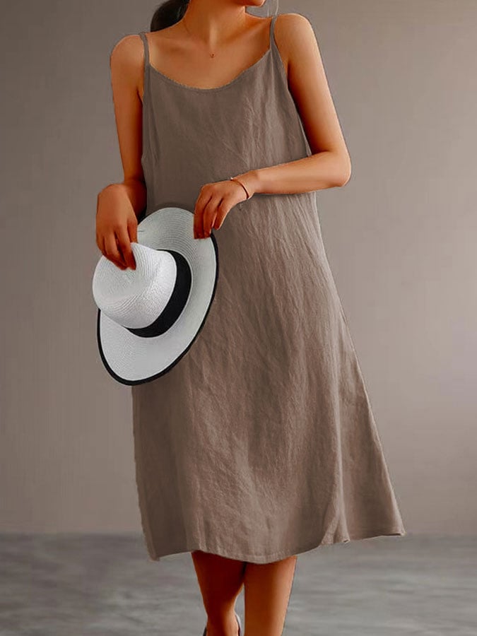 Women's Cotton Linen Solid Color Sling Dress