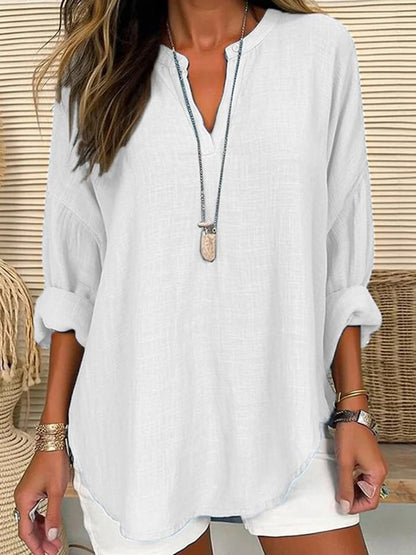 Women's Cotton Long Sleeve Round Neck Solid Color Loose Beach Shirt