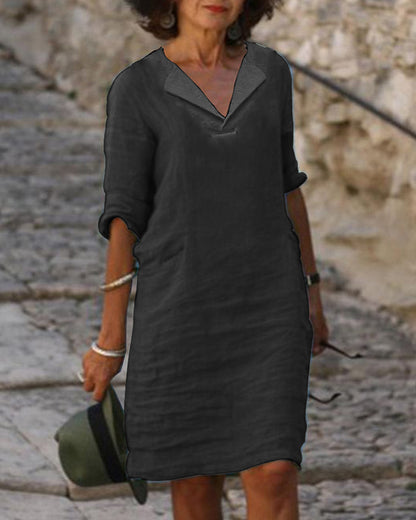 Casual Solid Color V-neck Cotton Dress