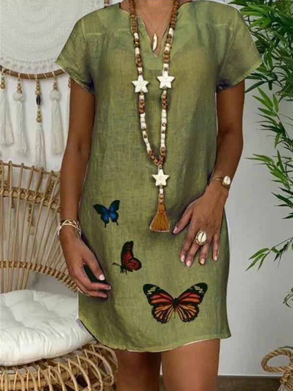 V-neck cotton and butterfly print dress