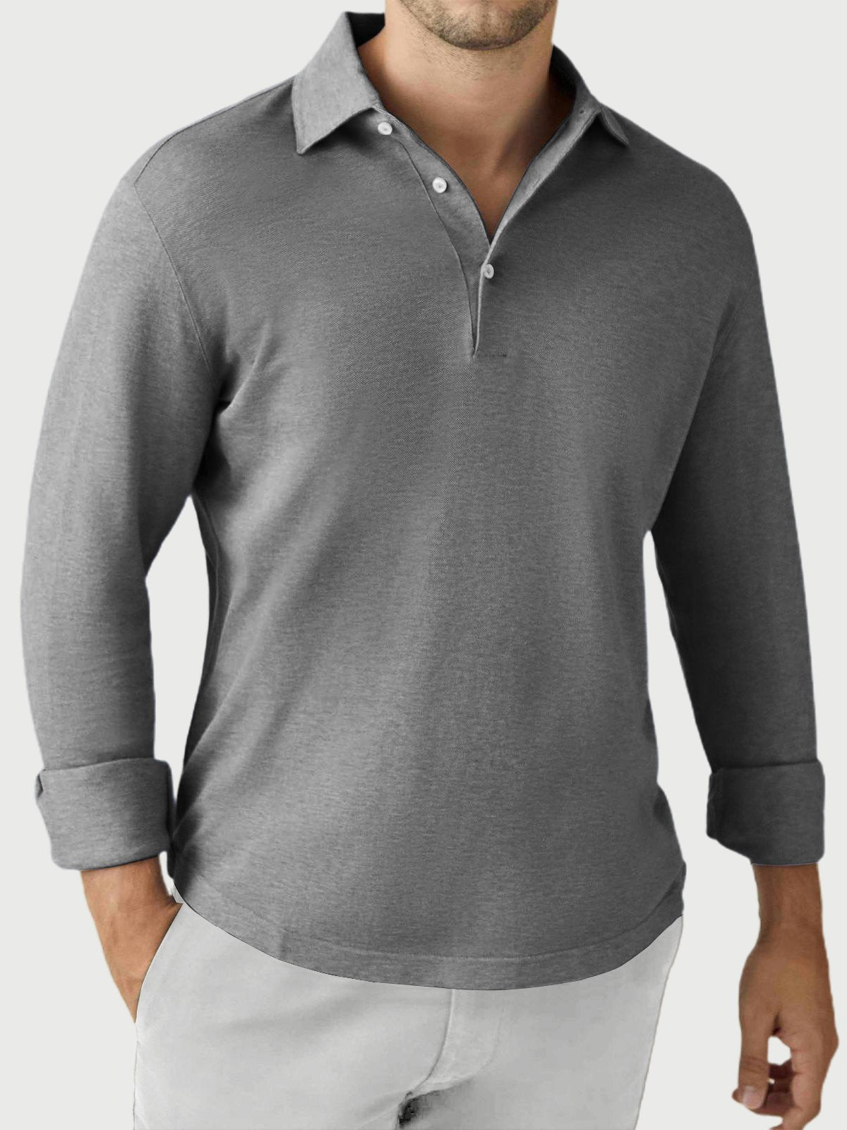 Men's Solid Color Casual Daily Wear Long-sleeved Polo Top