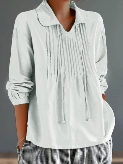 Women's Cotton Lapel Ruffle Tie Long Sleeve Loose Matching Shirt