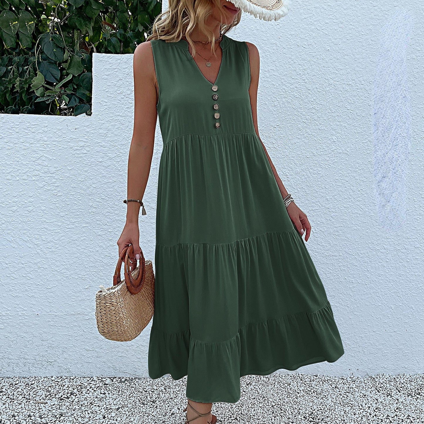 Women's Sleeveless Draped Dress Loose V-neck Mid-Length Dress