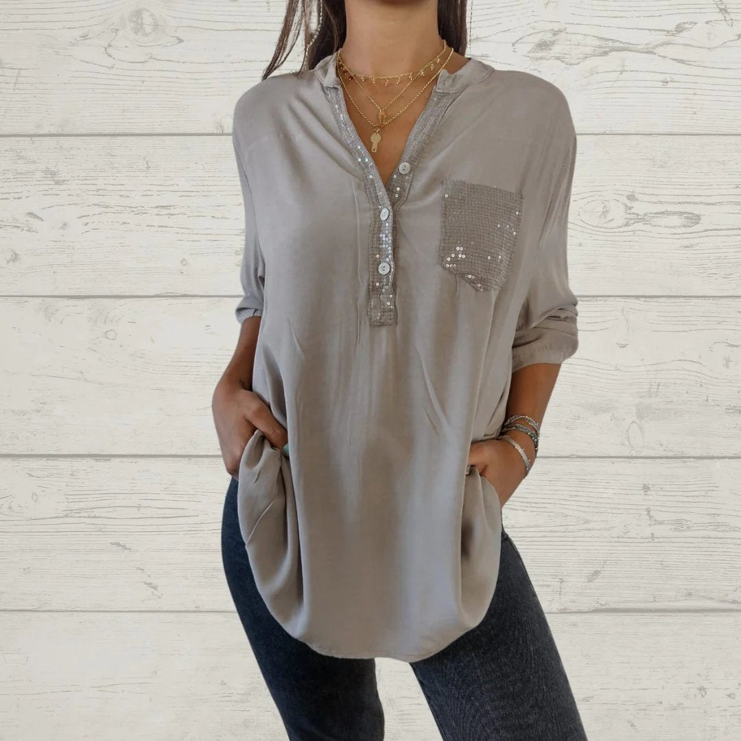 Women's Sequin Patchwork V-neck Shirt